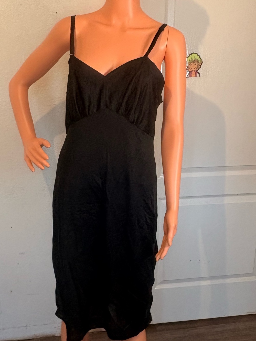 Vintage Black Satin Slip Dress with Ruched Bodice